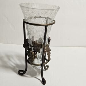 Vintage Pier 1 Imports Crackle Glass Cone Vase with Brass Grapevine Stand